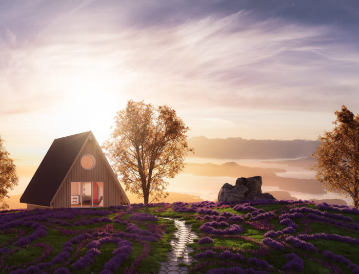 A-frame Cabin home on top of a mountain with beautiful view on ocean coast