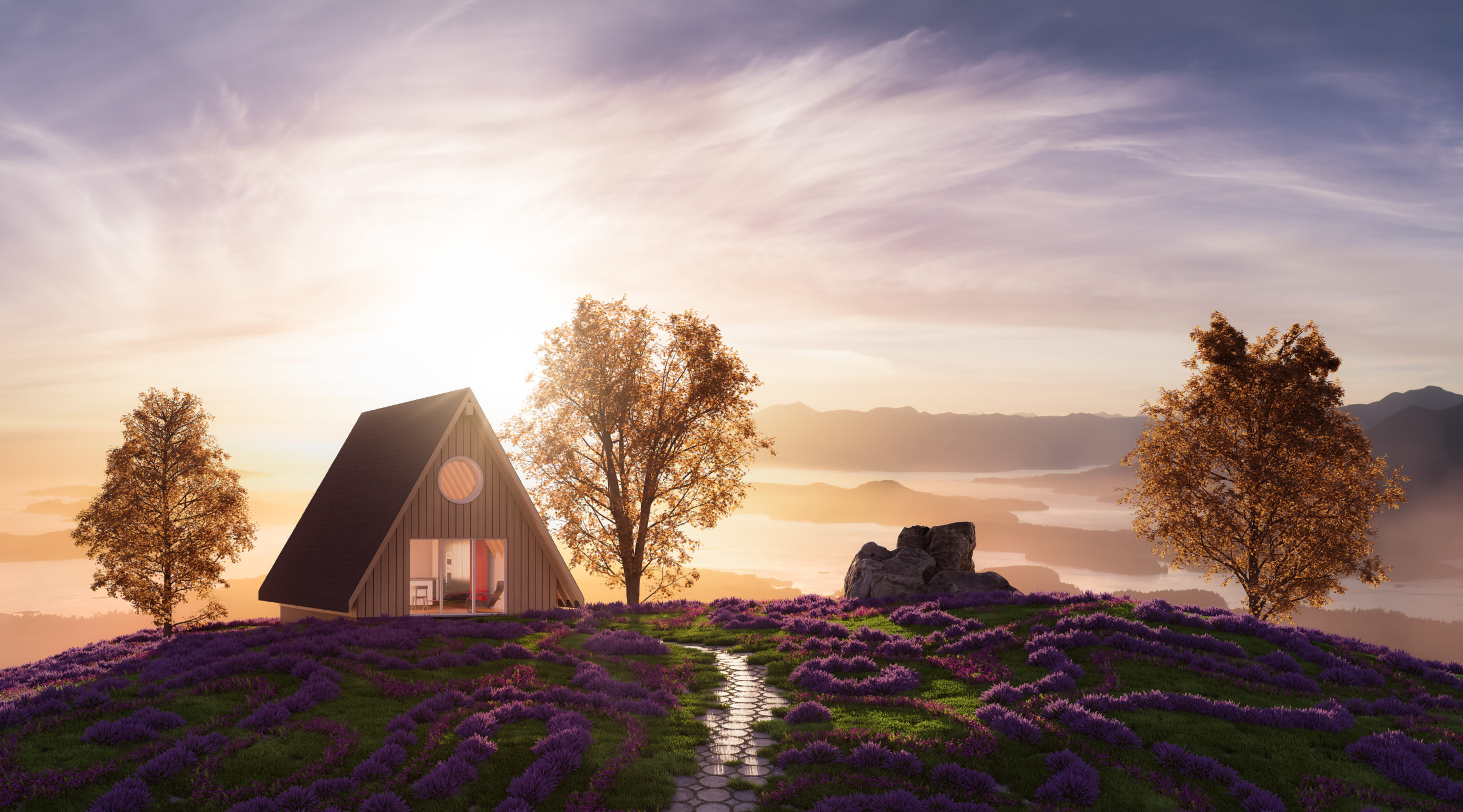 A-frame Cabin home on top of a mountain with beautiful view on ocean coast