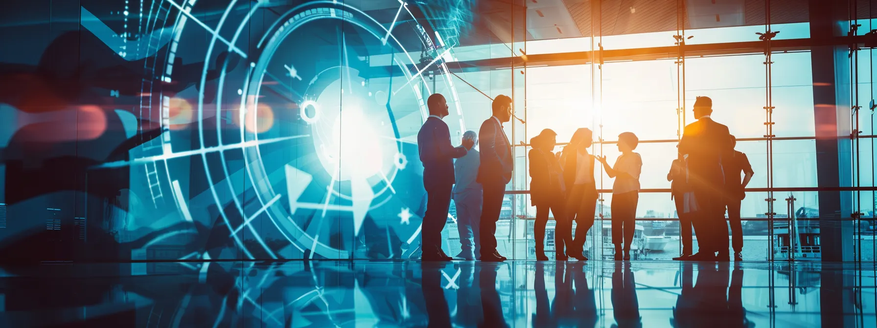 a group of business professionals eagerly discussing the benefits of a top knowledge management system while standing around an anchor symbol.
