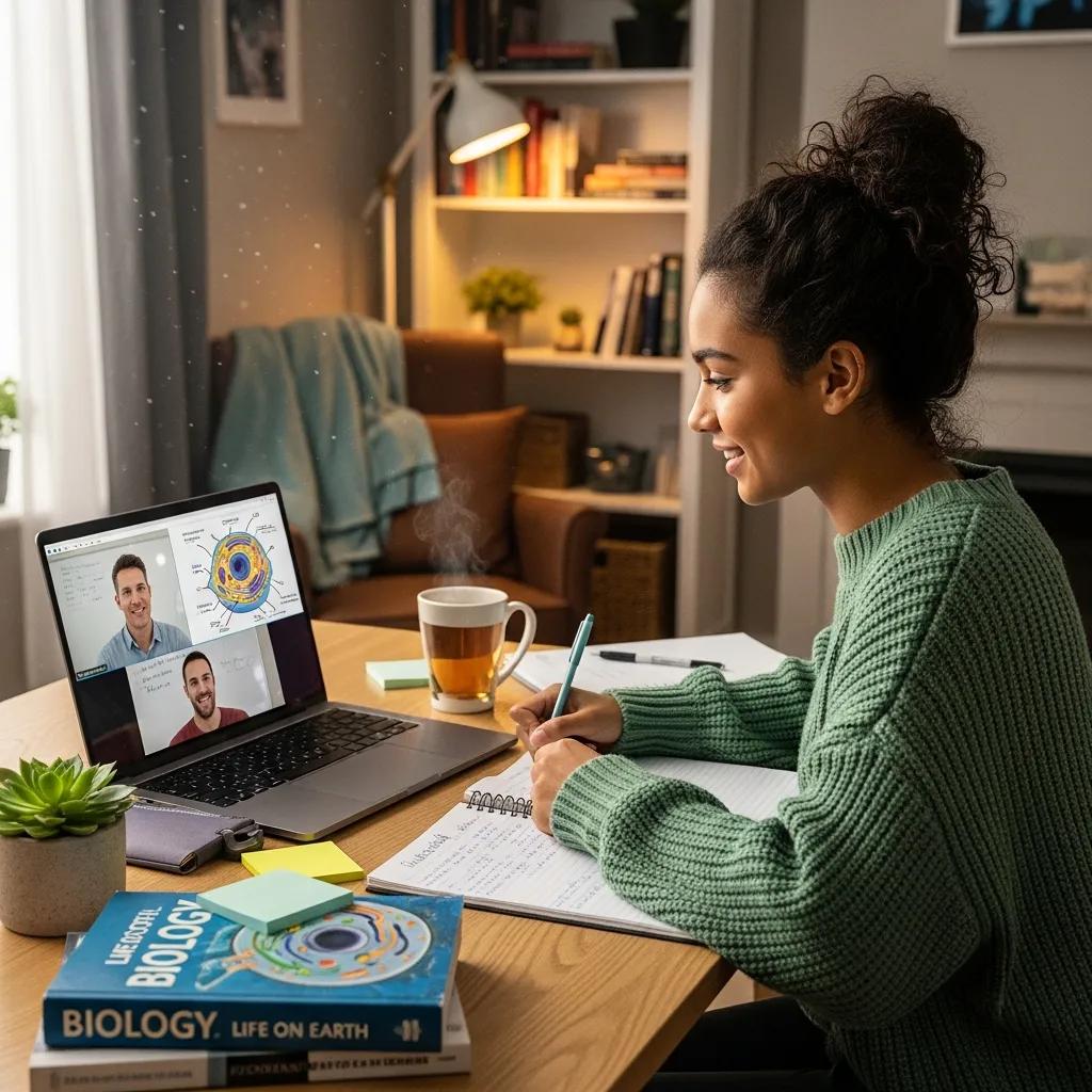 Student engaged in a remote science tutoring session at home