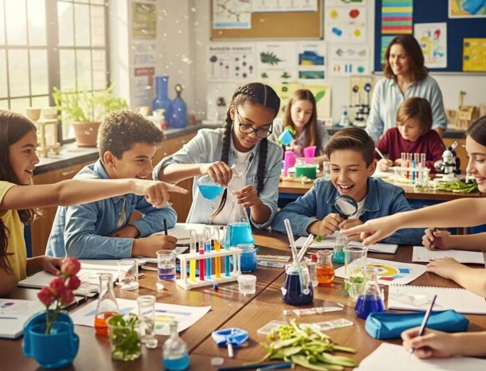 Students collaborating in a vibrant classroom during inquiry-based science activities