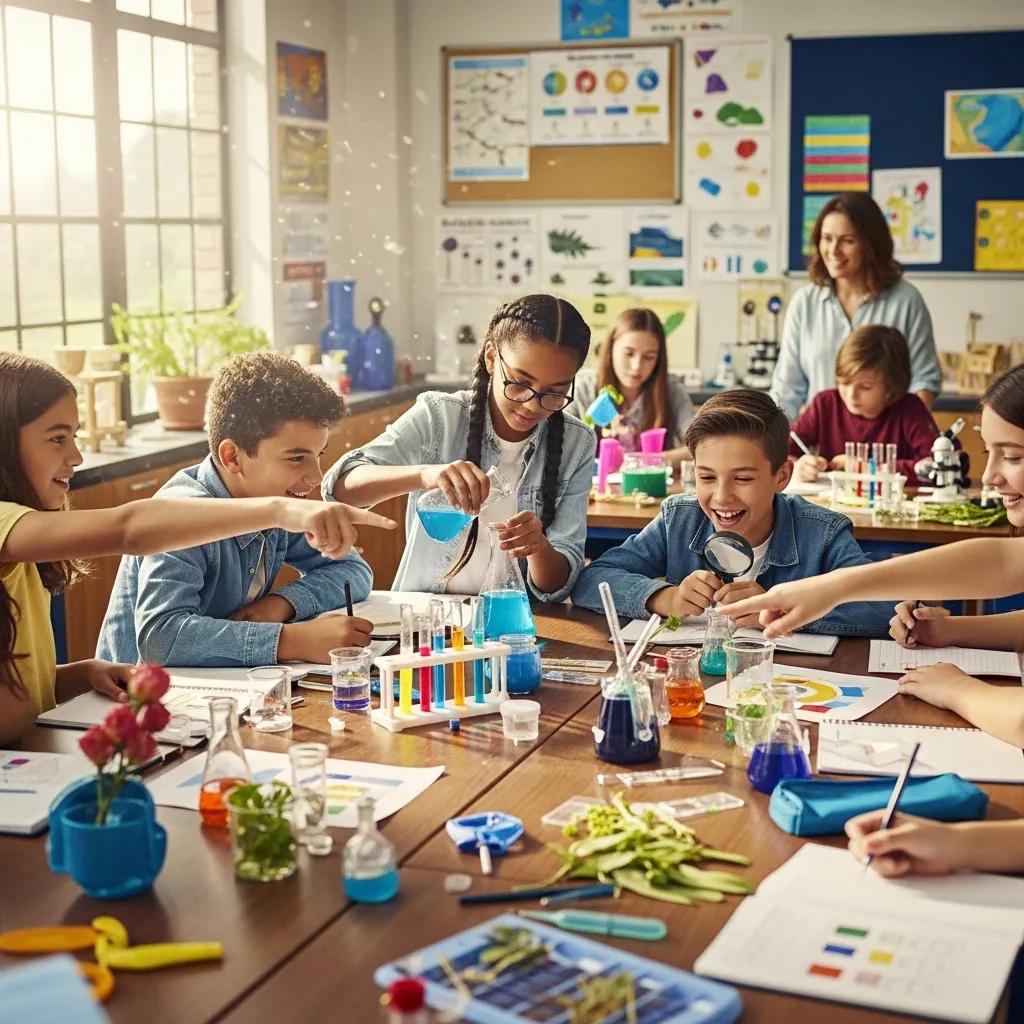 Students collaborating in a vibrant classroom during inquiry-based science activities