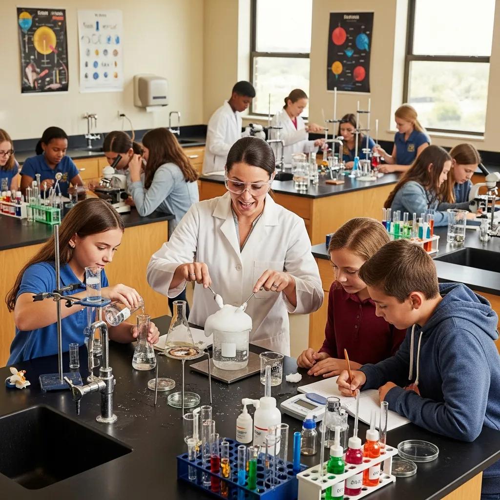 Teacher guiding students in a science lab during inquiry-based lesson implementation