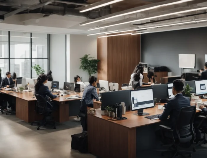 a bustling office filled with multi-ethnic team members working together seamlessly around a large, modern conference table topped with sleek laptops.