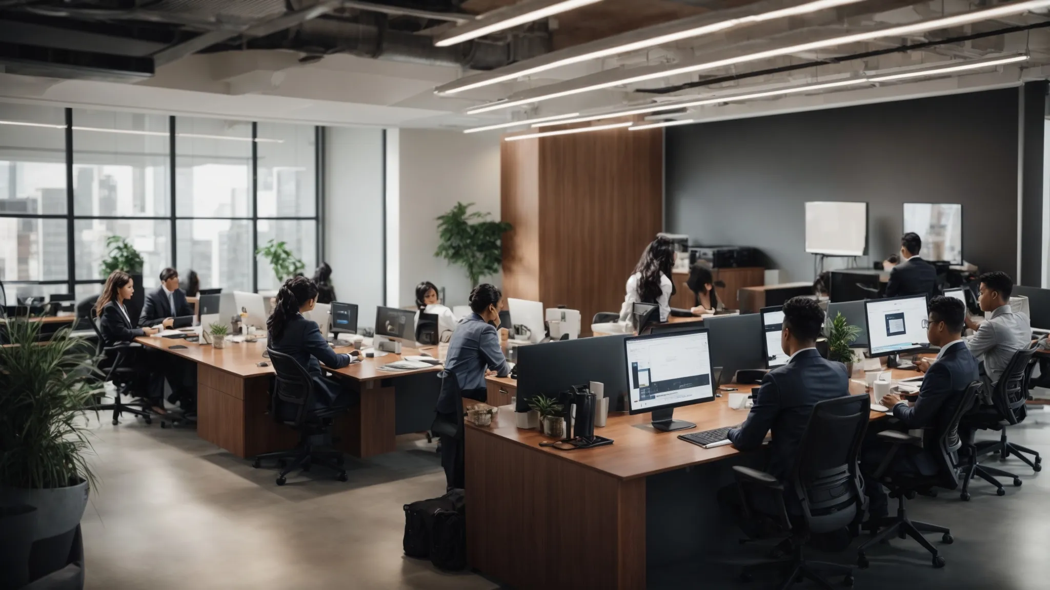 a bustling office filled with multi-ethnic team members working together seamlessly around a large, modern conference table topped with sleek laptops.