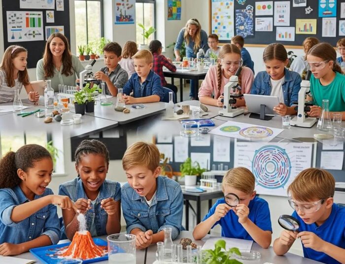 Students engaged in inquiry-based science activities in a vibrant classroom